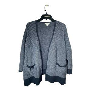 Terra & Sky Open Cardigan Ribbed Knit Pockets Blue Striped Academia